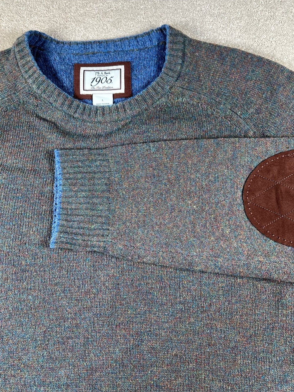 Jos A Bank Sweater Crew Gray Wool Blend Brown Elbow Patches Men's Large